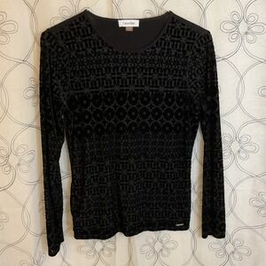 Women's CALVIN KLEIN Black Velvet Flocked Blouse Shirt Long Sleeve Size Small